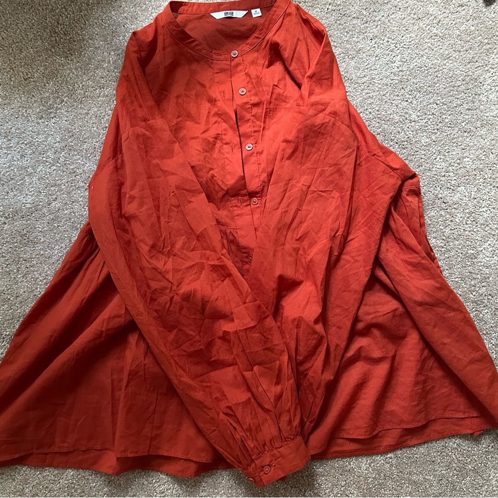 UNIQLO BLOUSE BUTTON DOWN IN BURNT ORANGE BOHO PEASANT STYLE SIZE M 100% COTTON